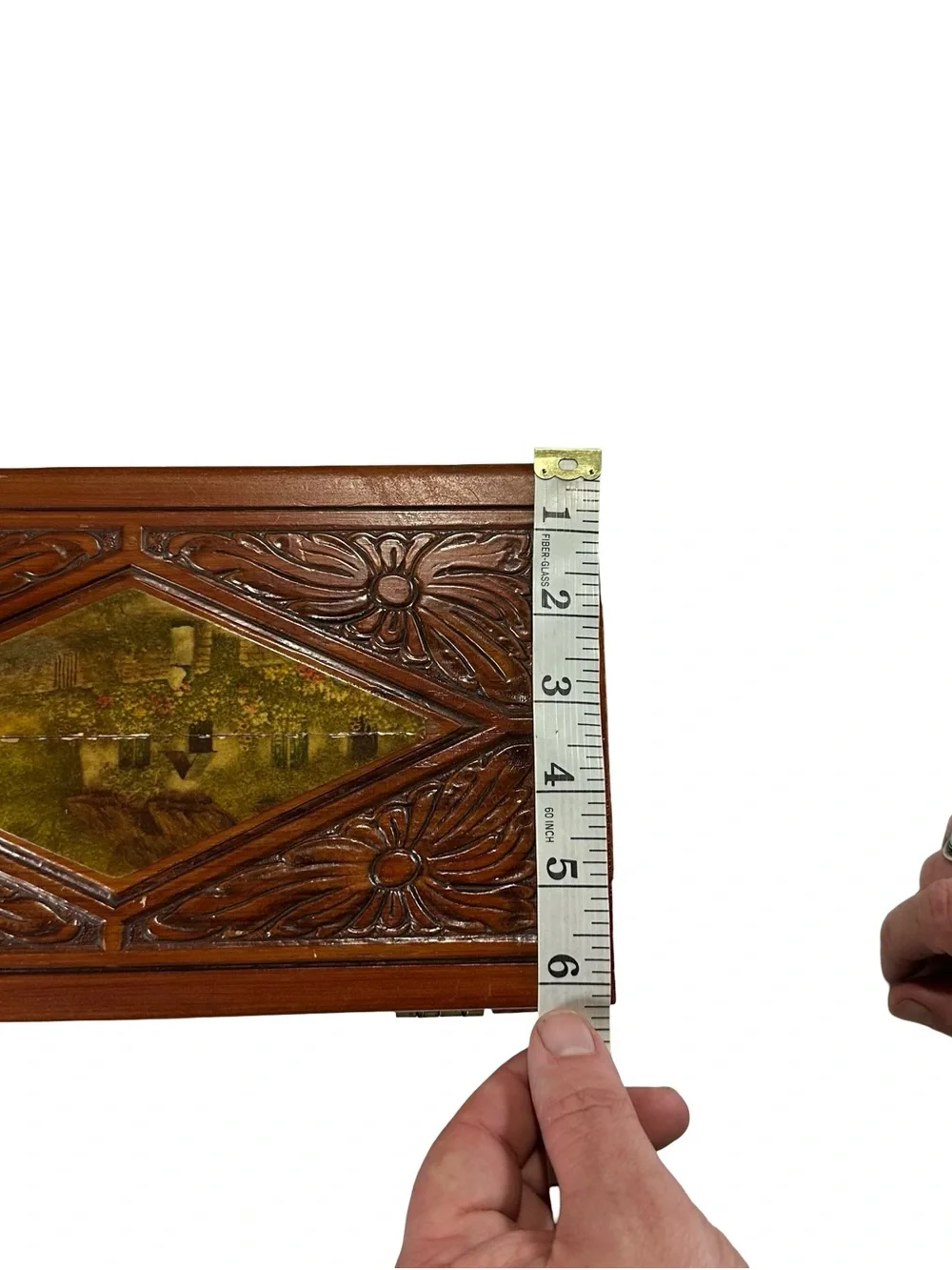Vtg Carved Wood Trinket Keepsake Box Diamond Cottage Lithograph Inset Flaw Folk